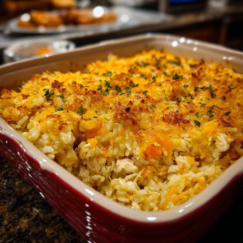 Delicious Chicken Rice Casserole topped with herbs and spices.