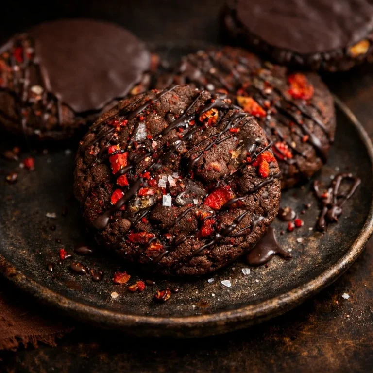 Chocolate covered strawberry cookies topped with fresh strawberries and chocolate drizzle.