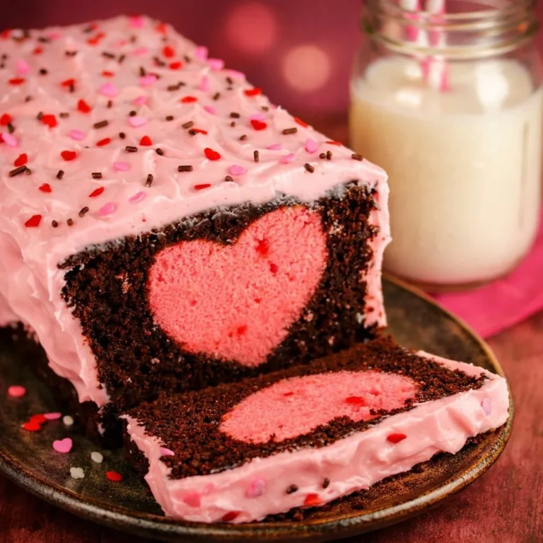 Chocolate Covered Strawberry Heart Cake topped with fresh strawberries and chocolate