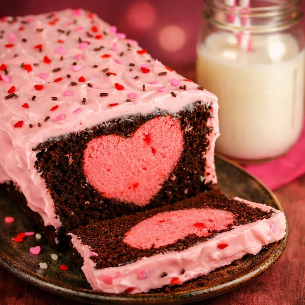 Chocolate Covered Strawberry Heart Cake topped with fresh strawberries and chocolate