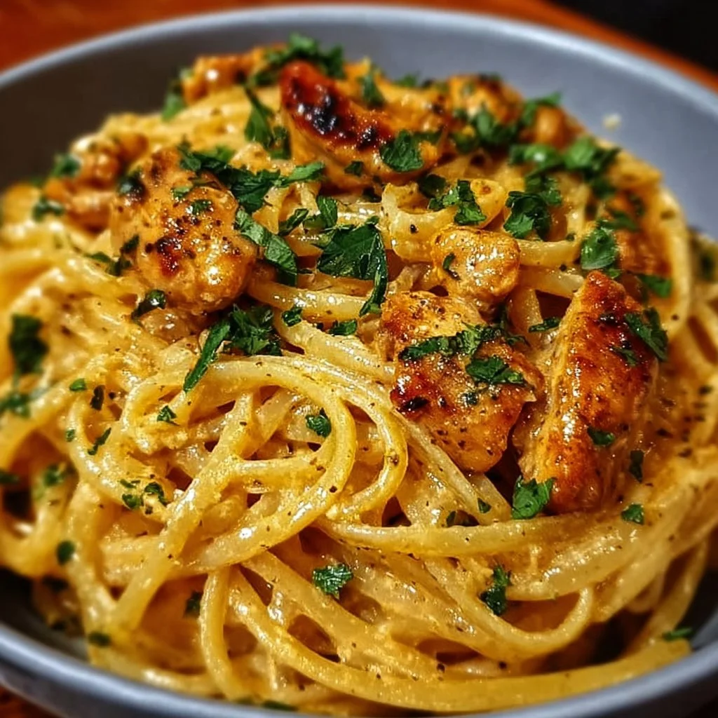Delicious Cowboy Butter Chicken Linguine plated with herbs and sauce