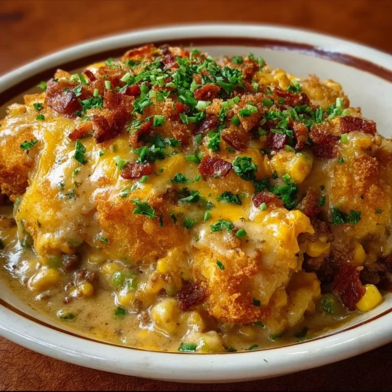 Delicious and hearty Cowboy Casserole topped with cheese and baked to perfection.