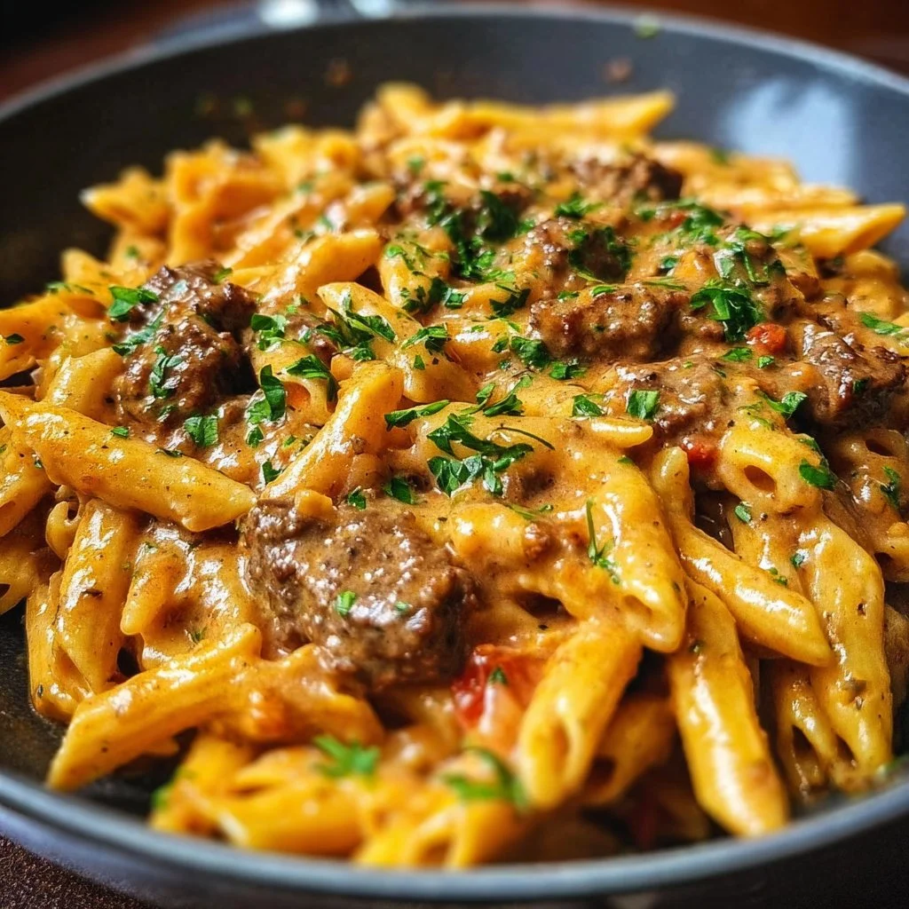 Delicious creamy beef pasta served in a bowl with fresh herbs on top.