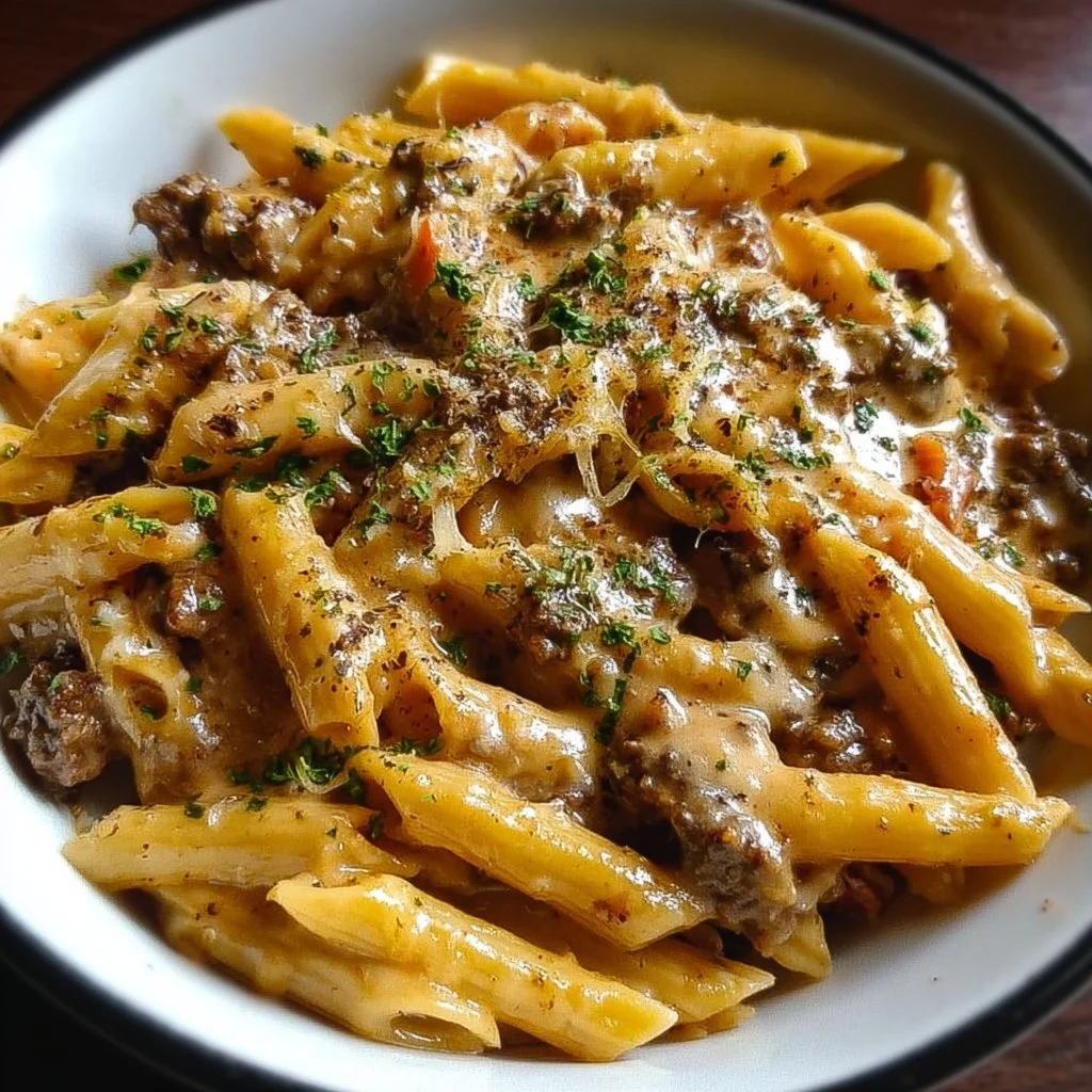 Delicious creamy beef pasta served in a bowl with fresh herbs