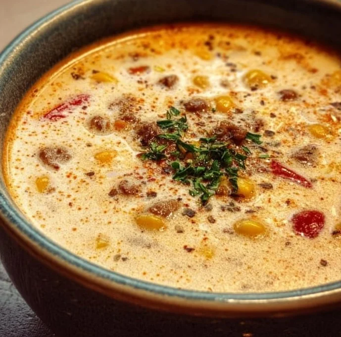 Bowl of Creamy Cowboy Soup with vegetables and beans