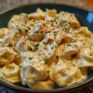 Creamy Crockpot Chicken Alfredo Tortellini Creamy crockpot chicken alfredo tortellini served with parsley garnish