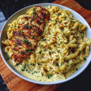 Creamy garlic chicken pasta dish garnished with herbs on a rustic plate.