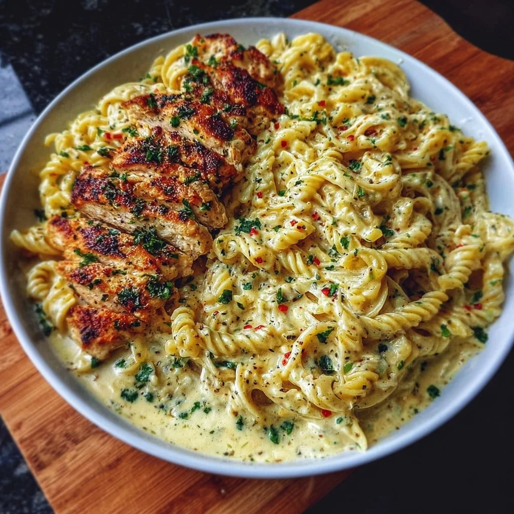 Creamy garlic chicken pasta dish garnished with herbs on a rustic plate.