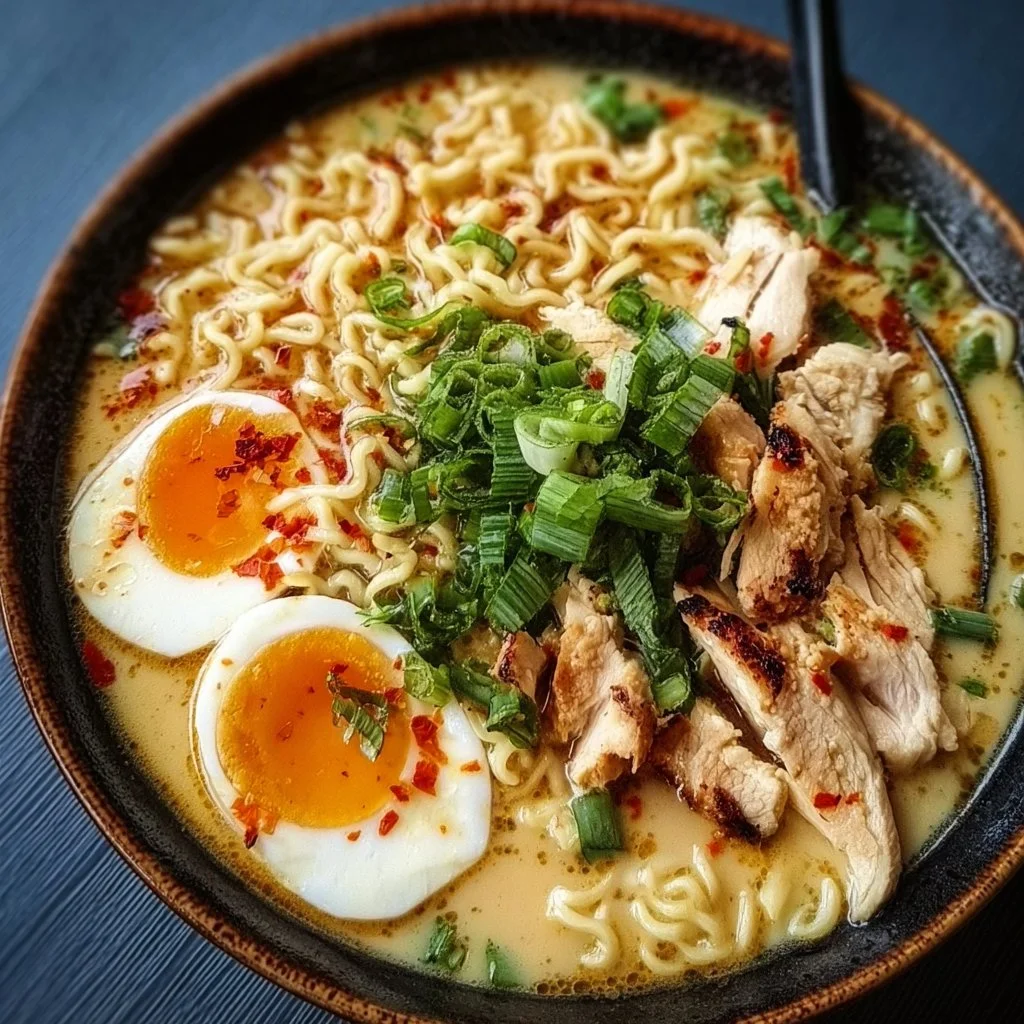 Bowl of creamy garlic chicken ramen topped with fresh herbs and vegetables