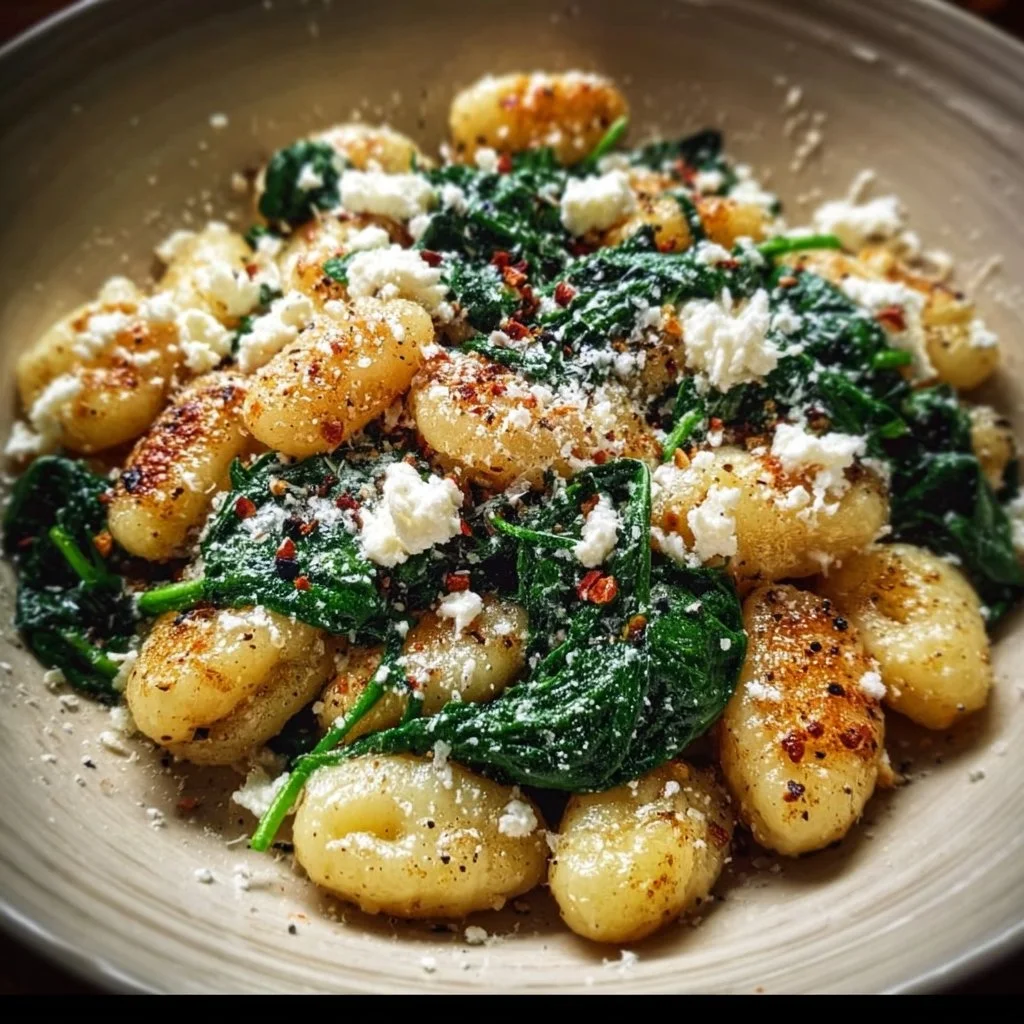 Creamy gnocchi with spinach and feta in a savory sauce