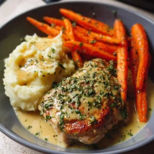 Creamy Herb Chicken with Mashed Potatoes and Glazed Carrots plated beautifully