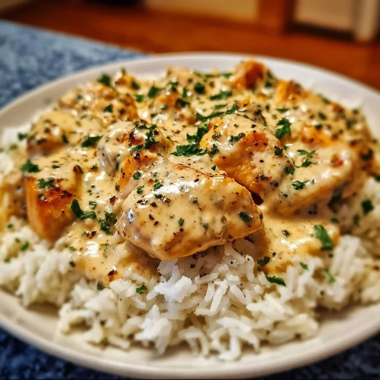 Creamy smothered chicken served over rice, garnished with herbs.