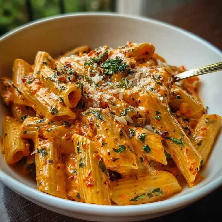 Creamy tomato garlic pasta dish served in a bowl, garnished with herbs.