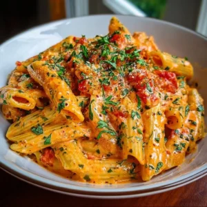 Bowl of creamy tomato garlic pasta garnished with fresh basil