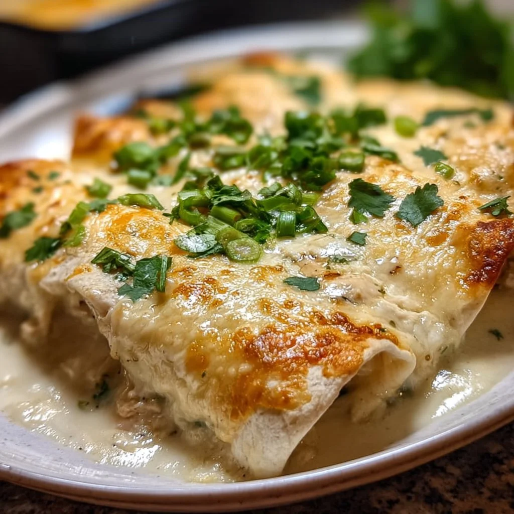Creamy white chicken enchiladas served with toppings