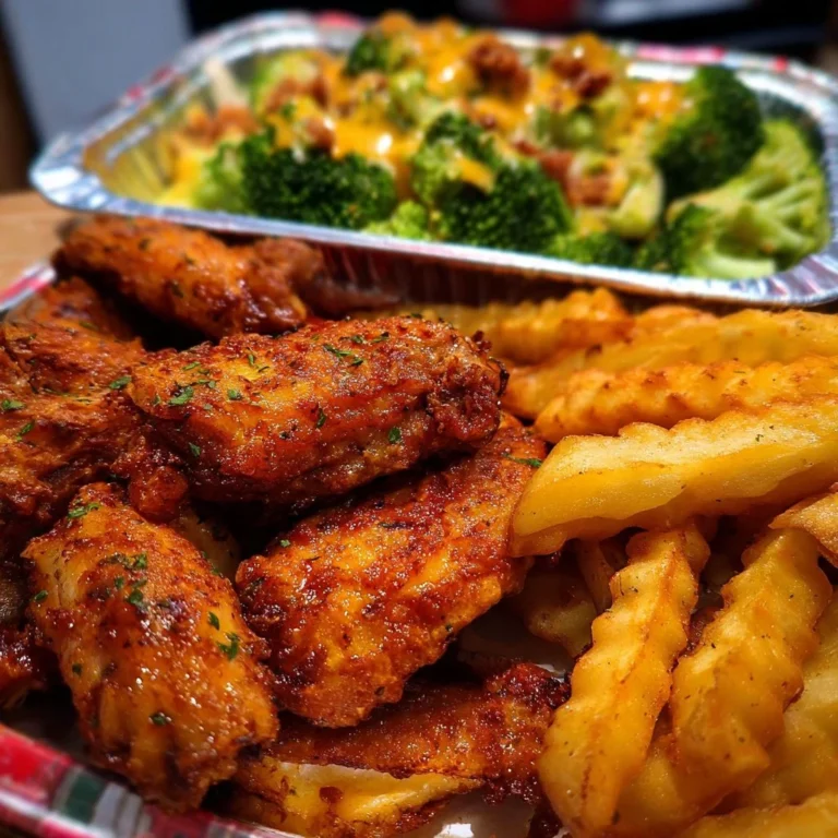 Crispy wings served with cheesy broccoli and loaded fries on a rustic wooden table