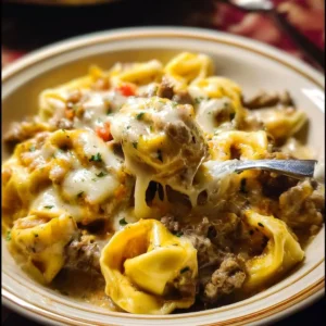 Crock Pot Cheesesteak Tortellini in a creamy sauce with peppers and onions