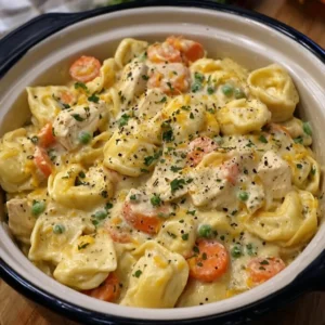 Crockpot Cheddar Chicken Pot Pie Tortellini served in a bowl with fresh herbs