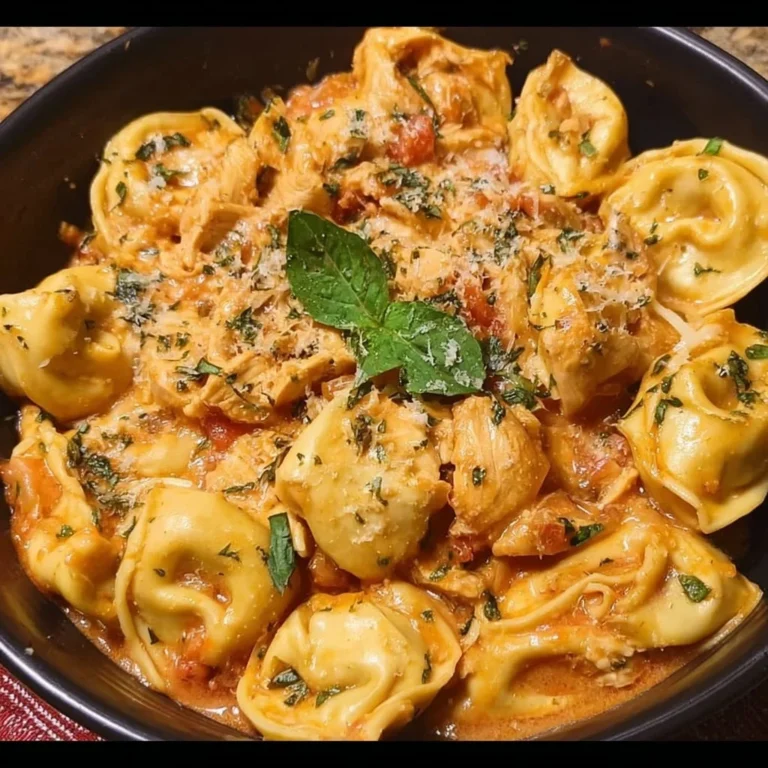 Delicious CrockPot Chicken Tortellini in a creamy sauce with fresh vegetables