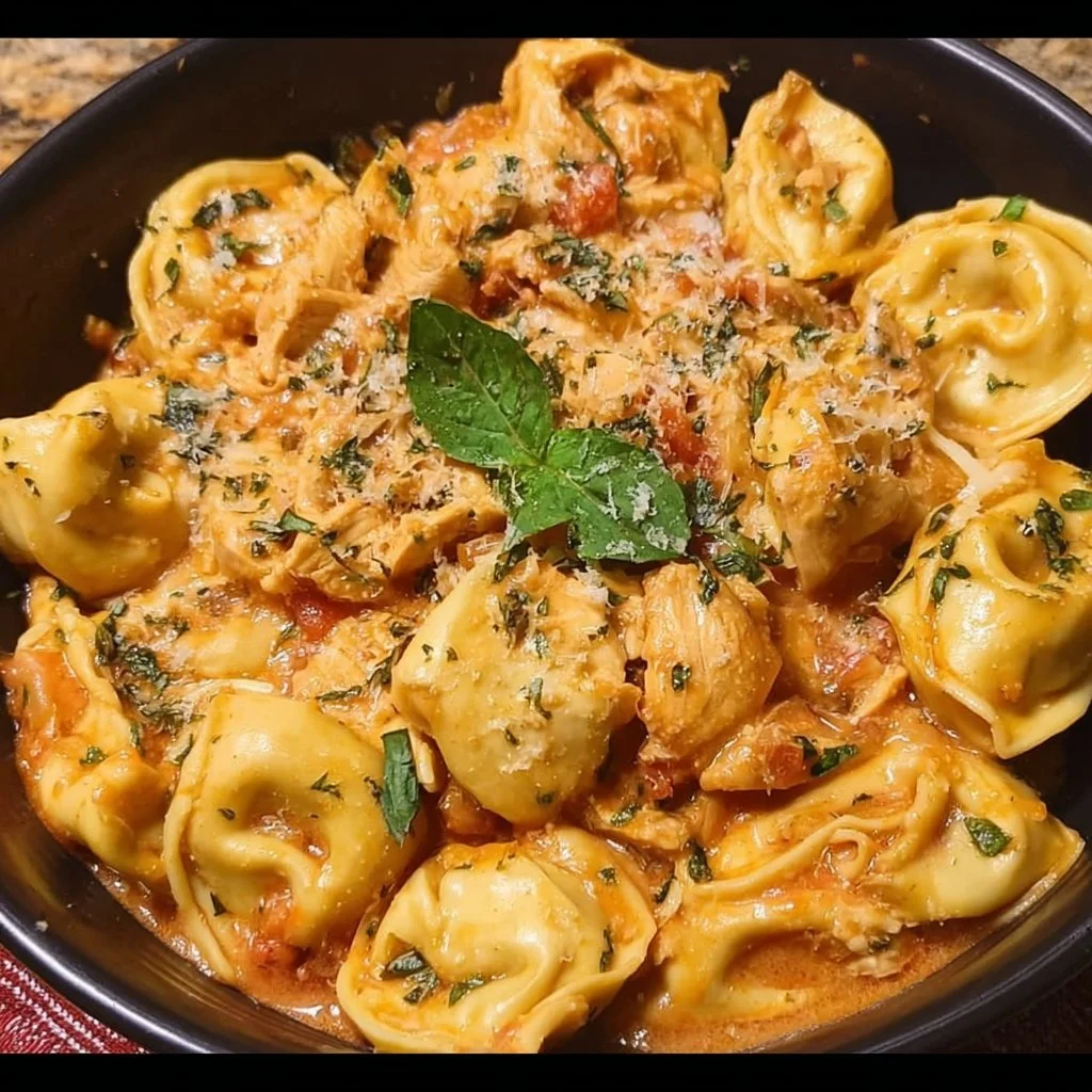 Delicious CrockPot Chicken Tortellini in a creamy sauce with fresh vegetables