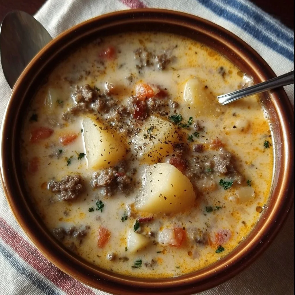 Crockpot Creamy Potato and Hamburger Soup in a bowl with toppings.