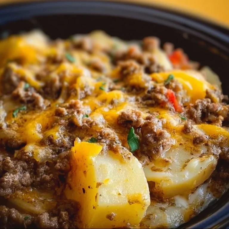 Crockpot Hamburger Potato Casserole with melted cheese and ground beef