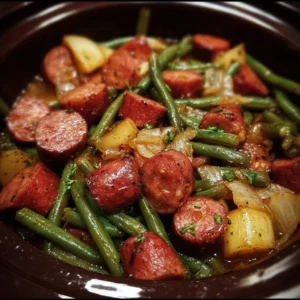 Crockpot sausage and green beans dish ready to serve with a side of fresh herbs.