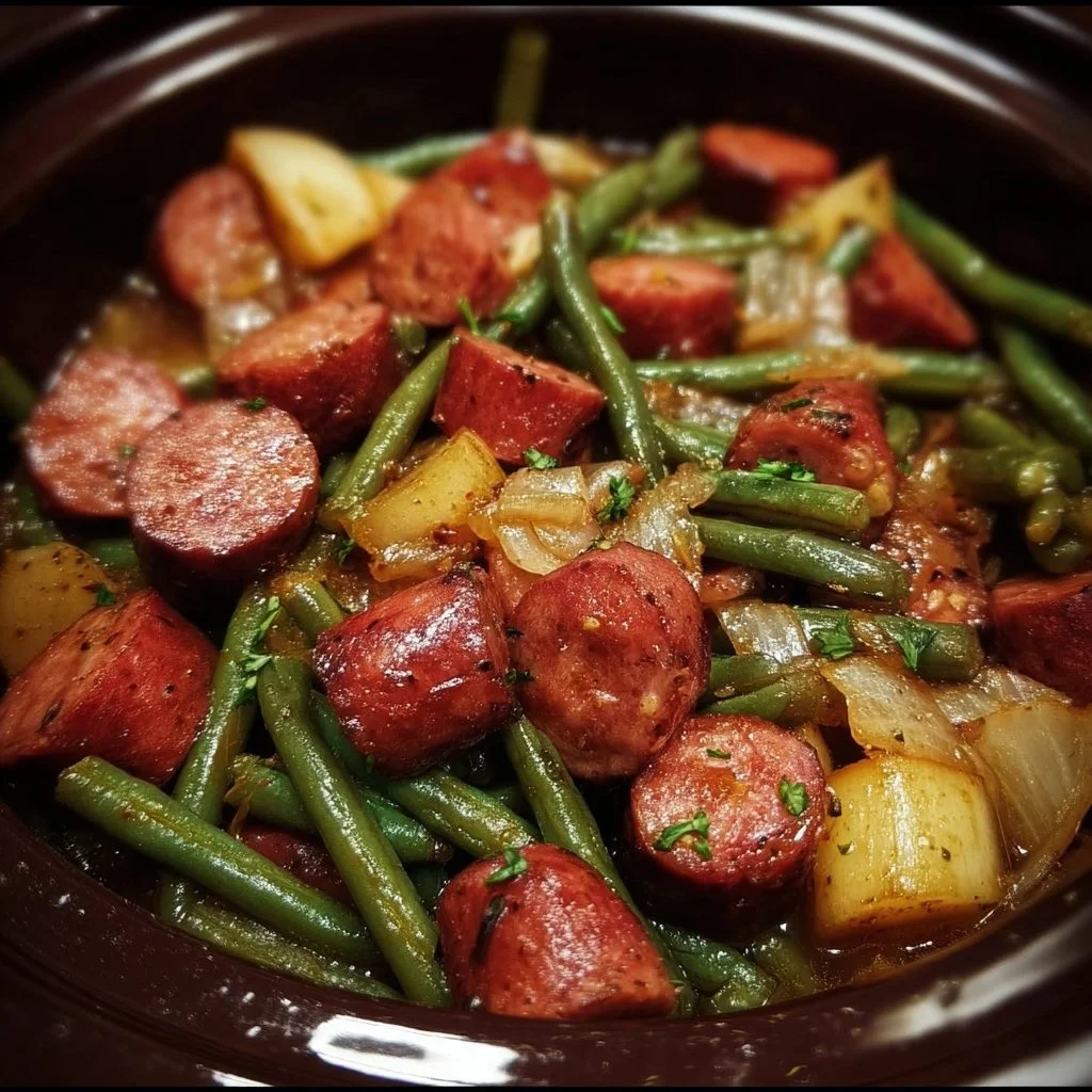Crockpot sausage and green beans dish ready to serve with a side of fresh herbs.