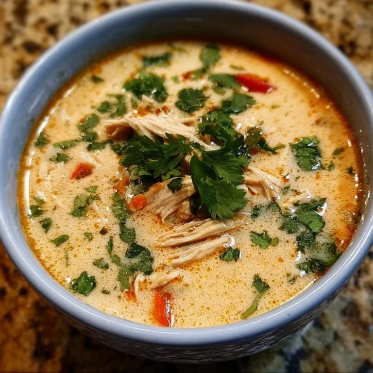 Delicious bowl of Crockpot Thai Coconut Chicken Soup garnished with cilantro.