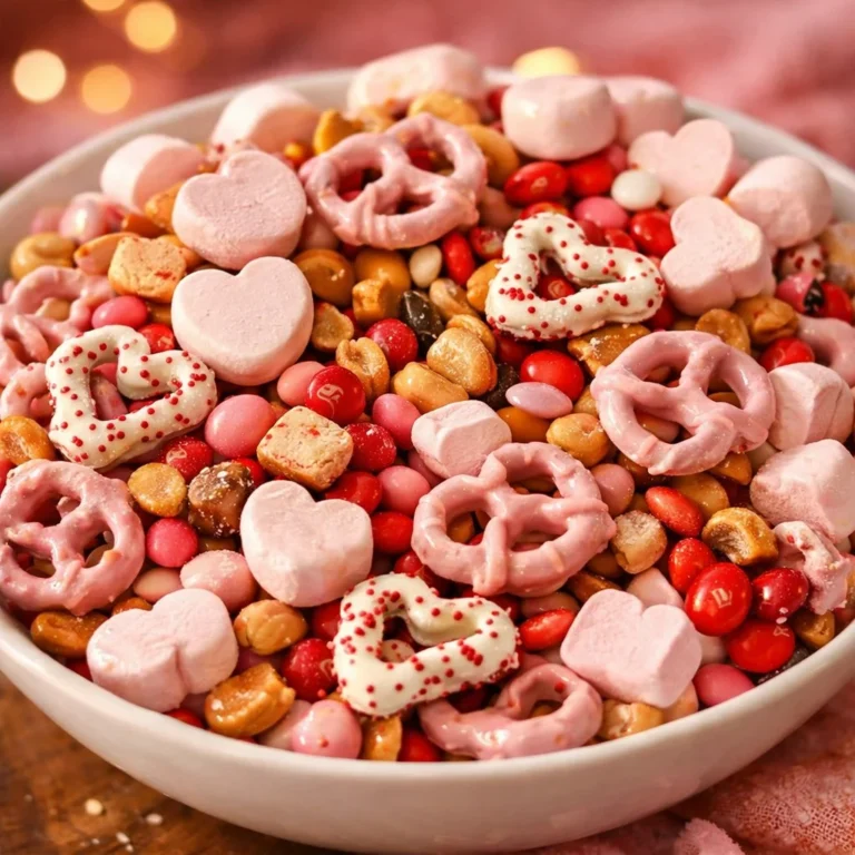 Cupid Crunch Valentine's Day trail mix featuring hearts and chocolate.