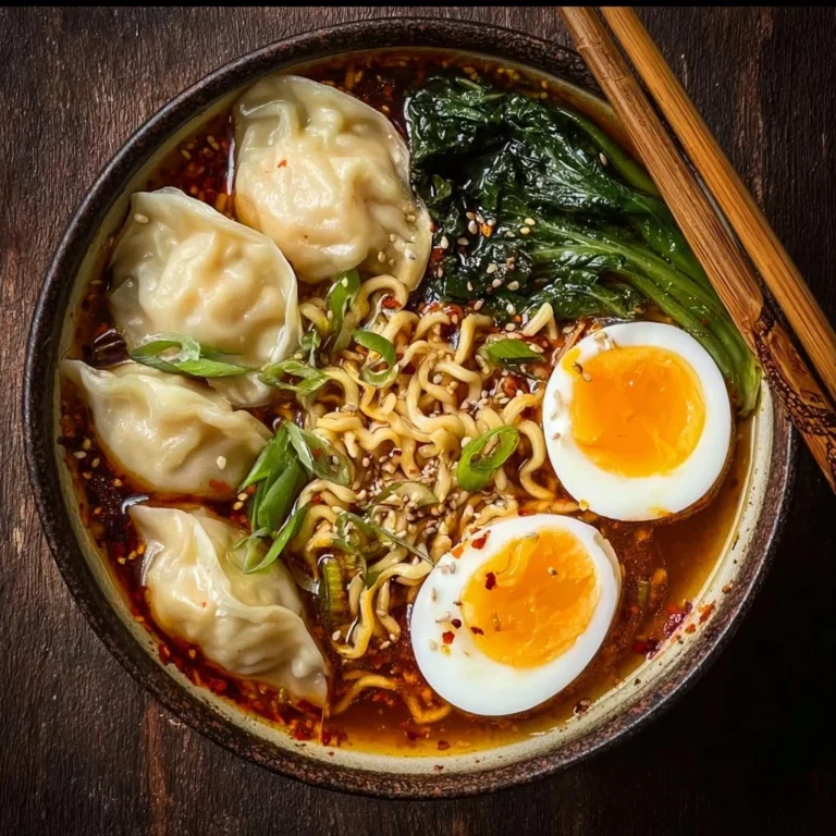 Delicious Dumpling Ramen Bowl with steaming noodles and dumplings.