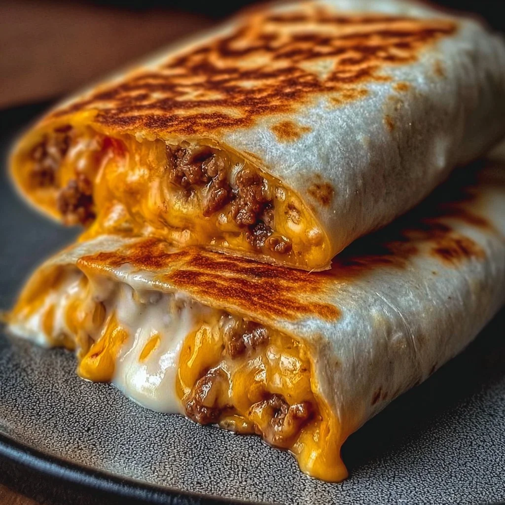 Delicious easy grilled cheese burrito with gooey cheese and a crispy tortilla
