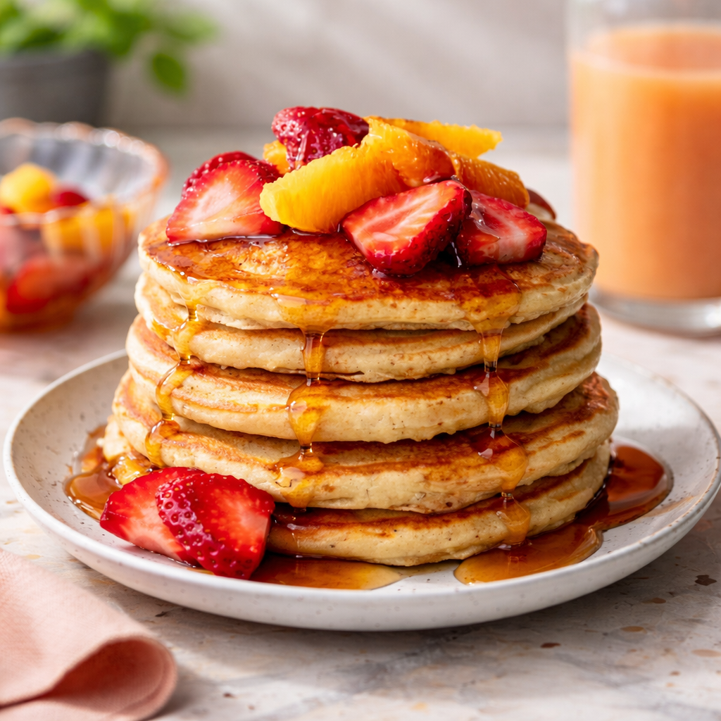 A tall stack of fluffy golden pancakes drizzled with maple syrup and topped with strawberry slices and orange segments on a white plate.