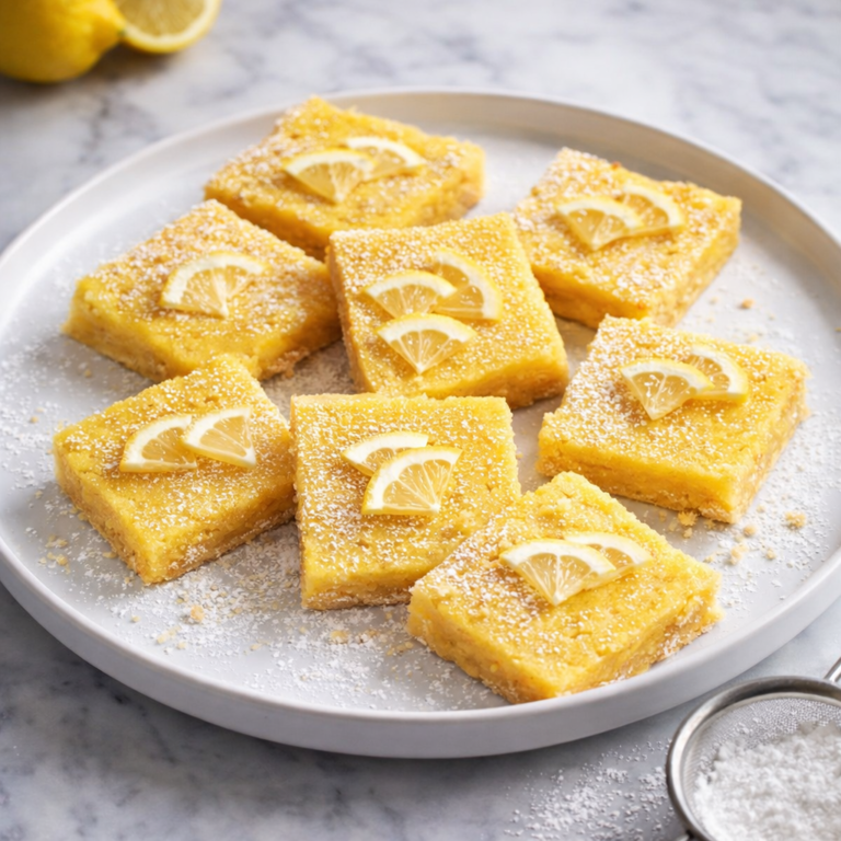 Bright yellow lemon bars dusted with powdered sugar and topped with lemon slices on a serving plate.