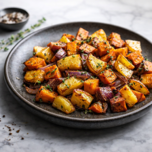 A colorful plate of roasted butternut squash, potatoes, sweet potatoes, red bell peppers, and red onion tossed with herbs and olive oil.