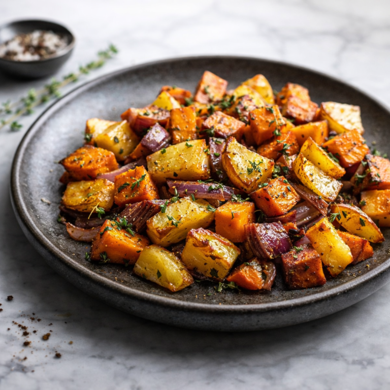 A colorful plate of roasted butternut squash, potatoes, sweet potatoes, red bell peppers, and red onion tossed with herbs and olive oil.