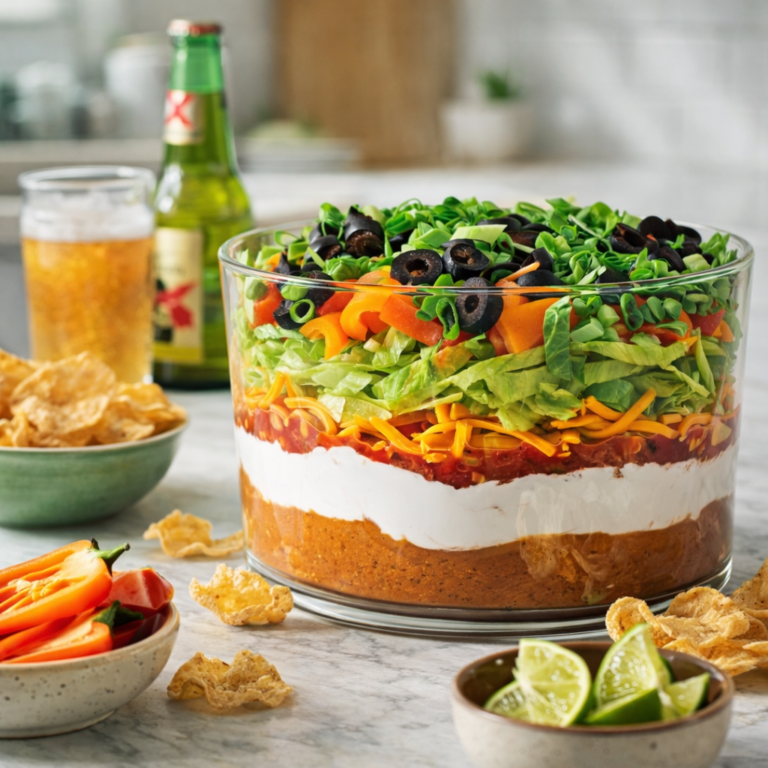 Seven-layer taco dip in a clear trifle bowl with layers of seasoned refried beans, creamy sour cream mixture, salsa, cheddar, lettuce, peppers, tomatoes, olives, and green onions, served with tortilla chips and lime wedges.