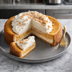 A double-layer pumpkin cheesecake with a graham cracker crust, topped with molasses whipped cream and crunchy toffee pieces.