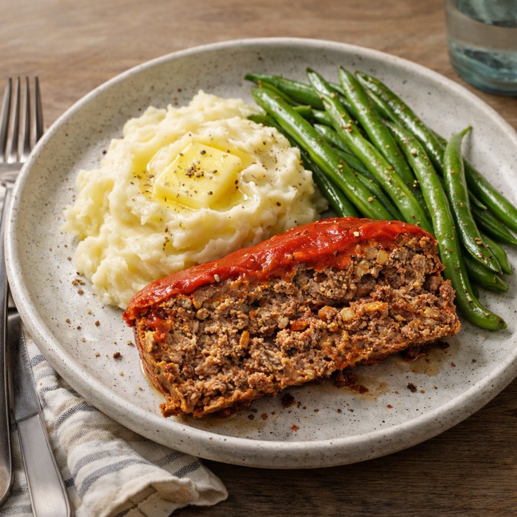 A thick slice of classic meatloaf topped with glossy ketchup glaze served with mashed potatoes and green beans.