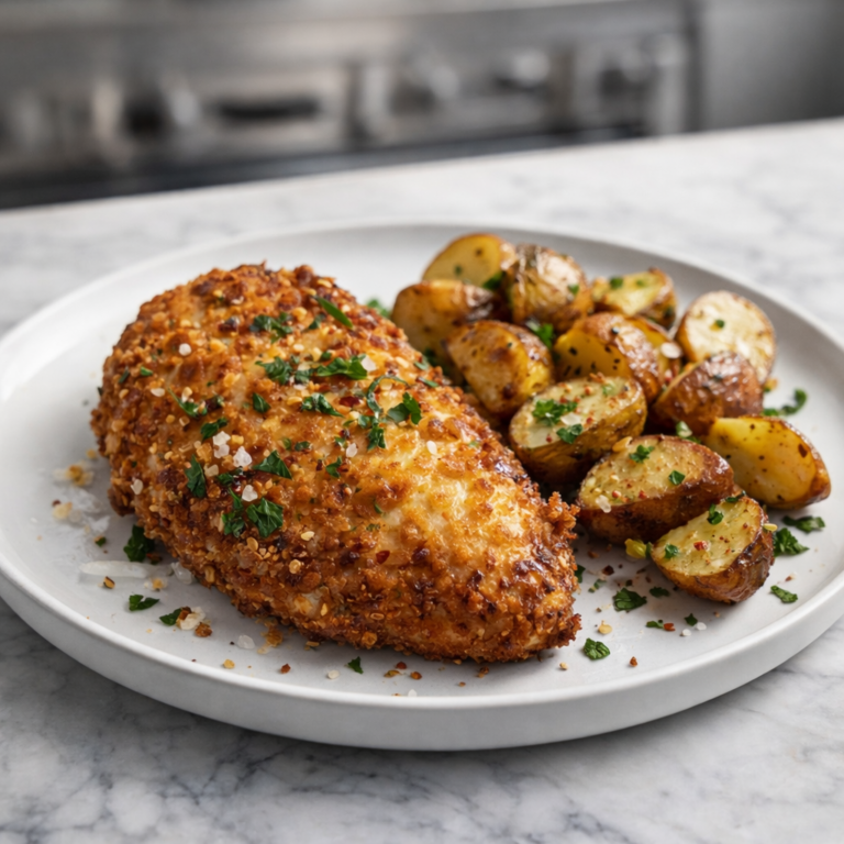 A golden, crispy cracker-crusted chicken breast on a plate with roasted baby potatoes and fresh herbs.