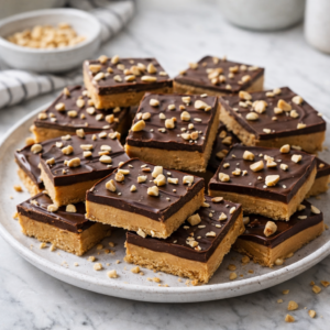 Square peanut butter bars with a graham cracker base and glossy chocolate topping, sprinkled with chopped peanuts.
