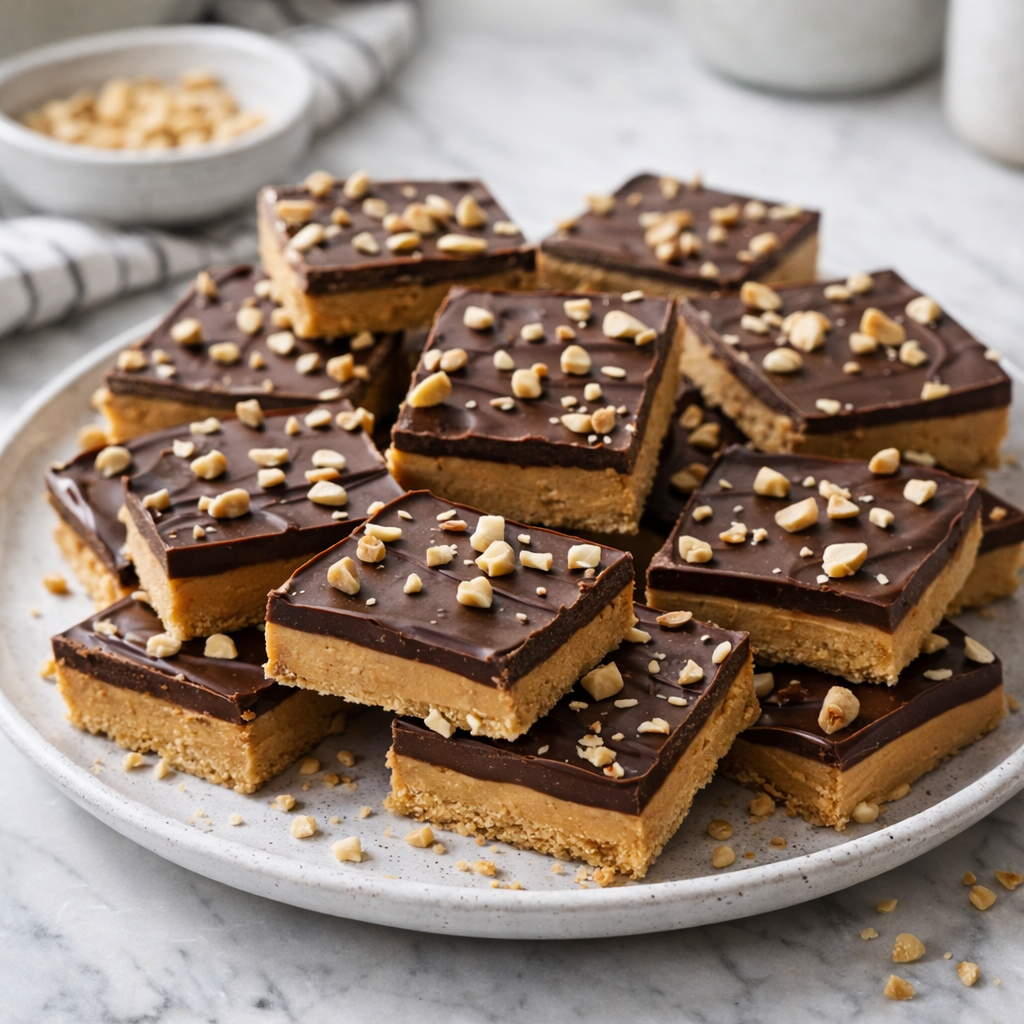 Square peanut butter bars with a graham cracker base and glossy chocolate topping, sprinkled with chopped peanuts.