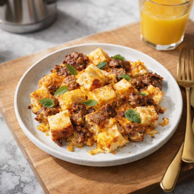 A serving of breakfast sausage casserole with toasted bread cubes, melted cheddar, and browned sausage pieces.