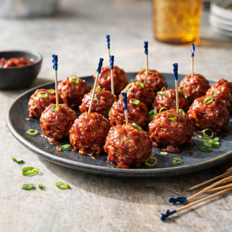 Glossy cranberry-chili glazed cocktail meatballs topped with sliced green onions and served with toothpicks on a dark plate.