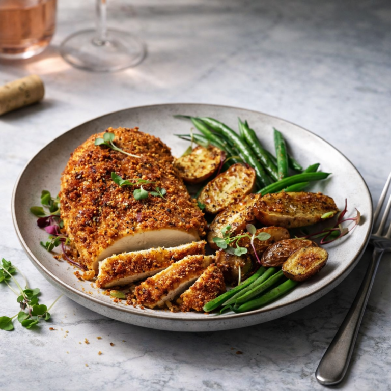 Oven-baked garlic Parmesan crusted chicken breast sliced on a plate with roasted potatoes and green beans.