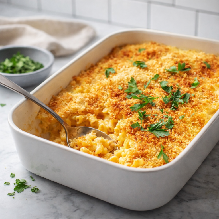 Creamy baked macaroni and cheese in a white casserole dish with a golden toasted panko topping and parsley garnish.