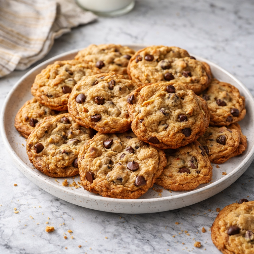 A plate piled with golden-brown chocolate chip cookies, slightly crinkled on top with visible chocolate chips, on a light marble surface.