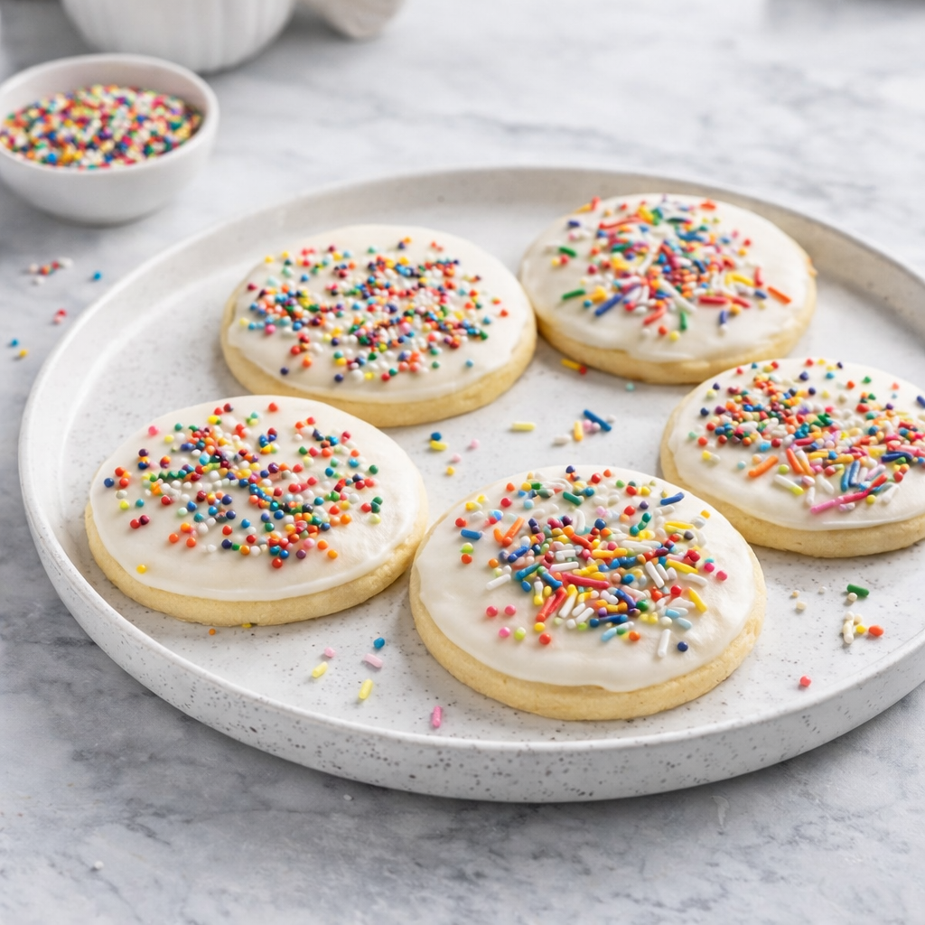 Soft cut-out sugar cookies topped with vanilla glaze and rainbow sprinkles on a round plate.