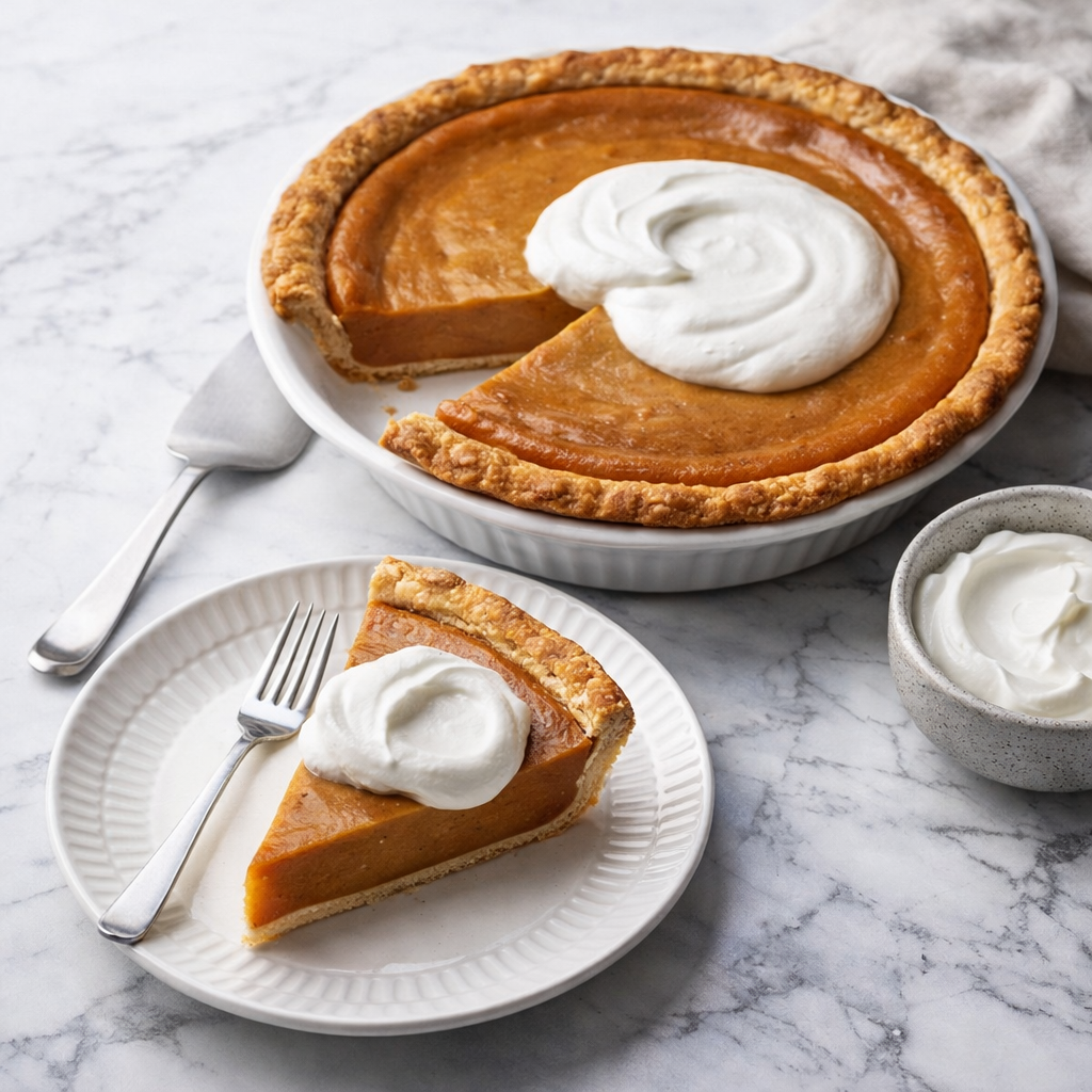 A slice of pumpkin pie with a dollop of whipped cream on top, served on a white plate beside the remaining pie.