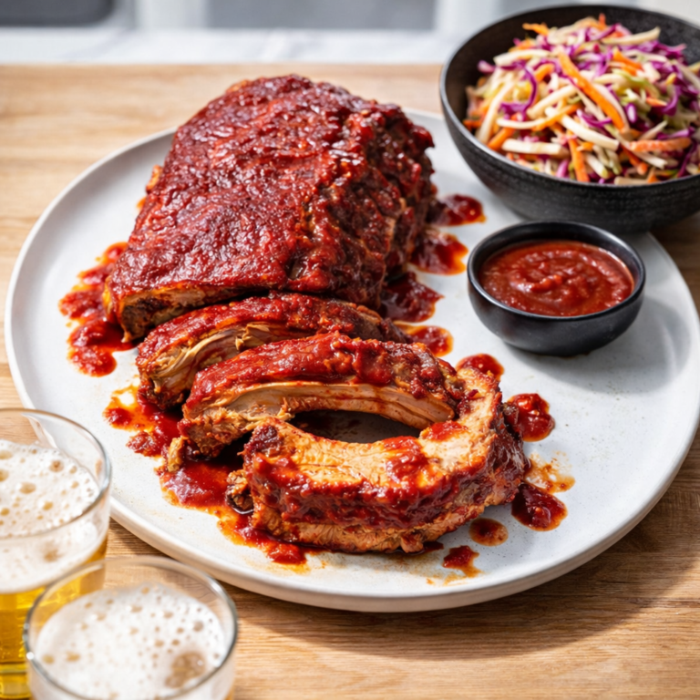 Saucy sliced barbecue ribs on a plate with extra BBQ sauce and a bowl of crunchy coleslaw, with cold beers in the foreground.